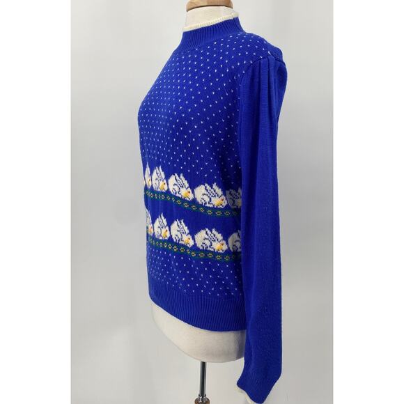 Vintage 80s Lord & Taylor Bunny Dot Pattern SweaterTurtleneck Blue Womens Medium - Picture 4 of 9